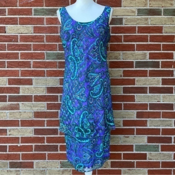π₯ Patra Vintage Two Piece Paisley Purple Green Dress + Sheer Long Sleeve Jacket - Picture 4 of 10
